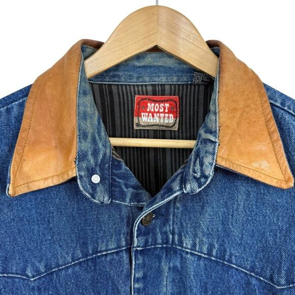 Most Wanted 100% Cotton Denim Leather Collar Barn Chore Field Jacket Coat sz L - Picture 5 of 16